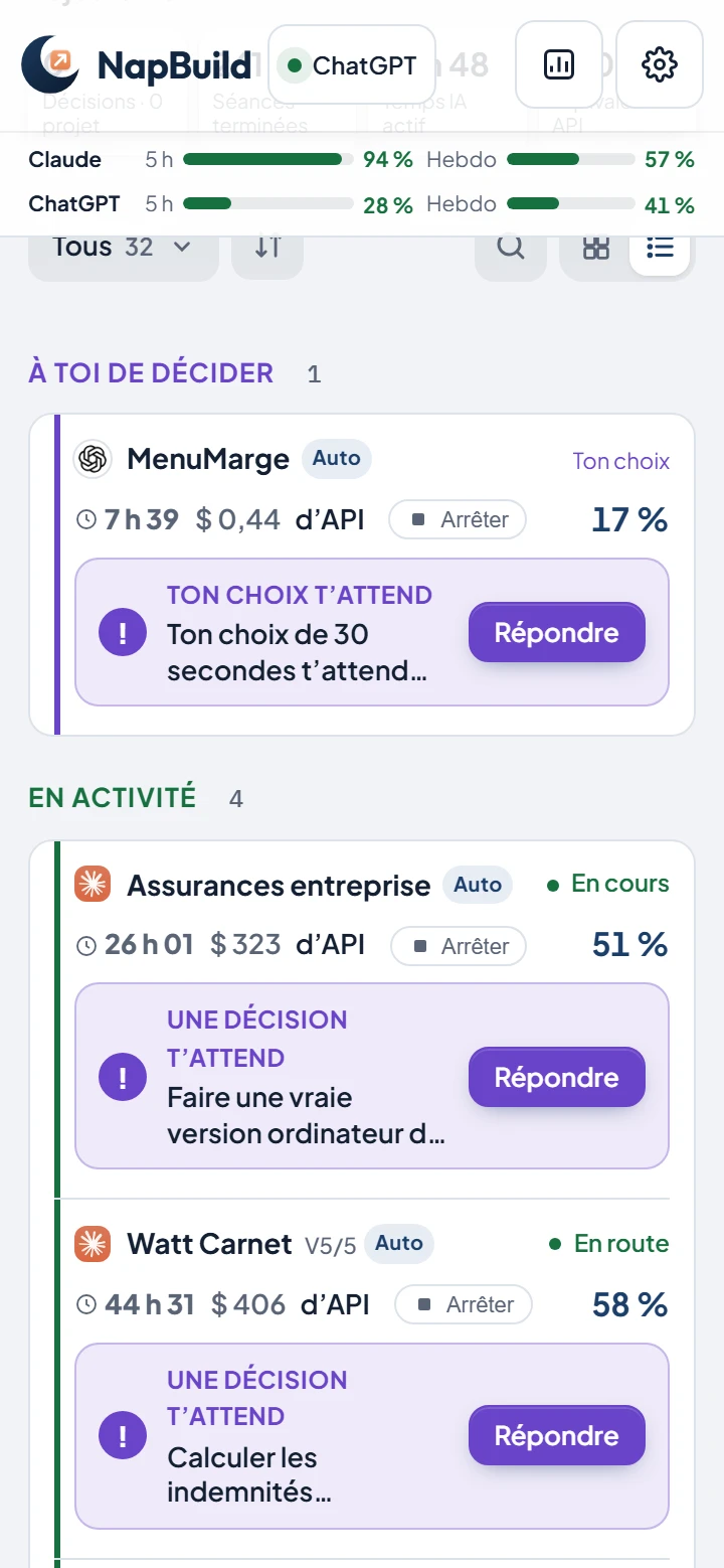 L’accueil de NapBuild : MenuMarge attend « ton choix de 30 secondes » (l’appli de référence), avec le bouton Répondre.