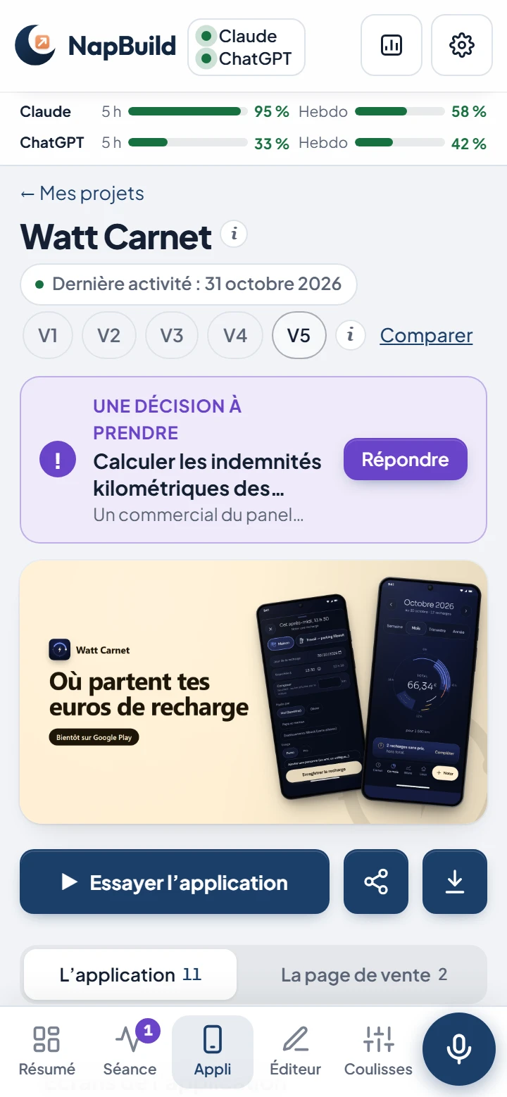L’onglet Appli de Watt Carnet : le visuel de lancement, le bouton « Essayer l’application » et les écrans de l’appli et de la page de vente.