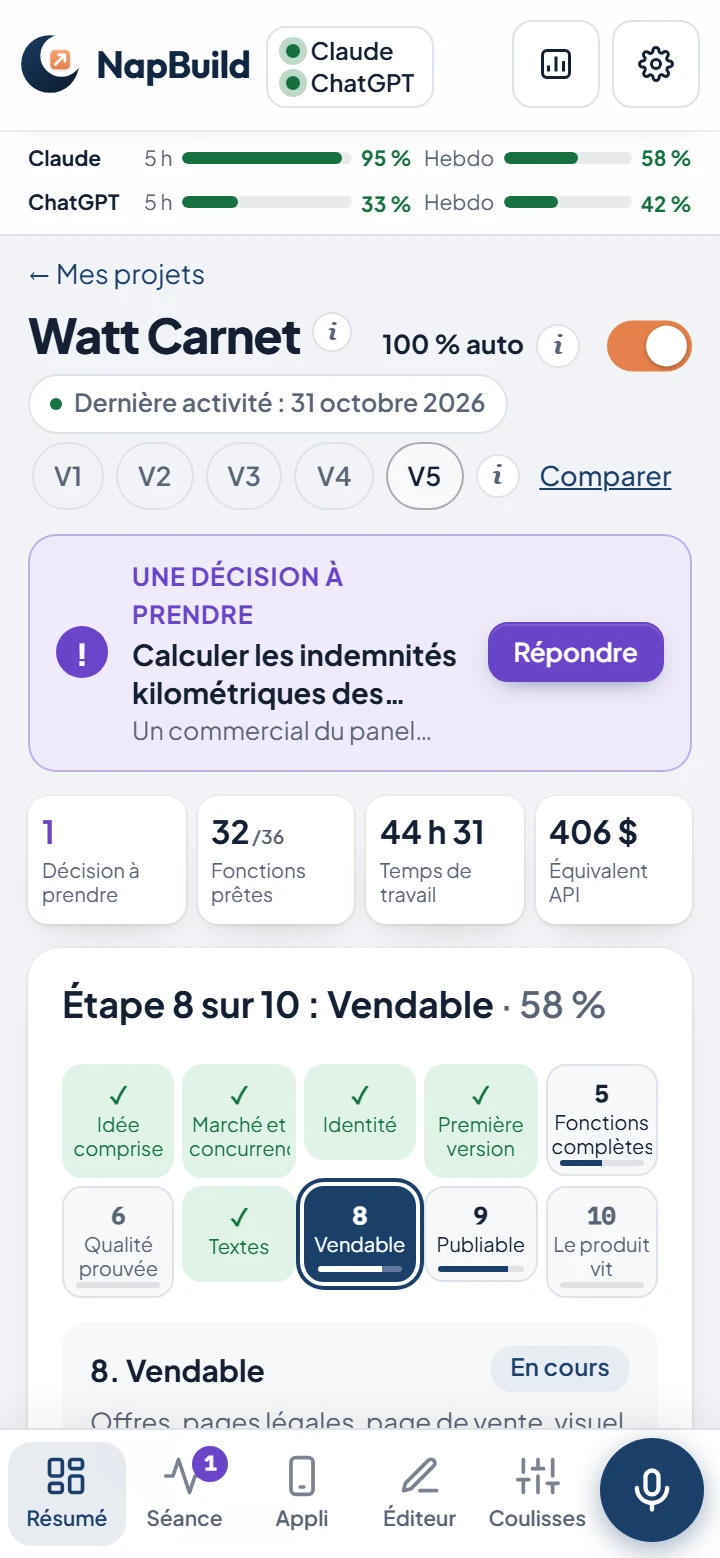 Watt Carnet dans NapBuild : « 100 % auto » allumé, une décision à prendre avec son bouton Répondre, 32 fonctions prêtes sur 36, étape 8 sur 10.